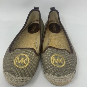 Michael Michael Kors espadrille flats slip on tan gold sheen brown trim